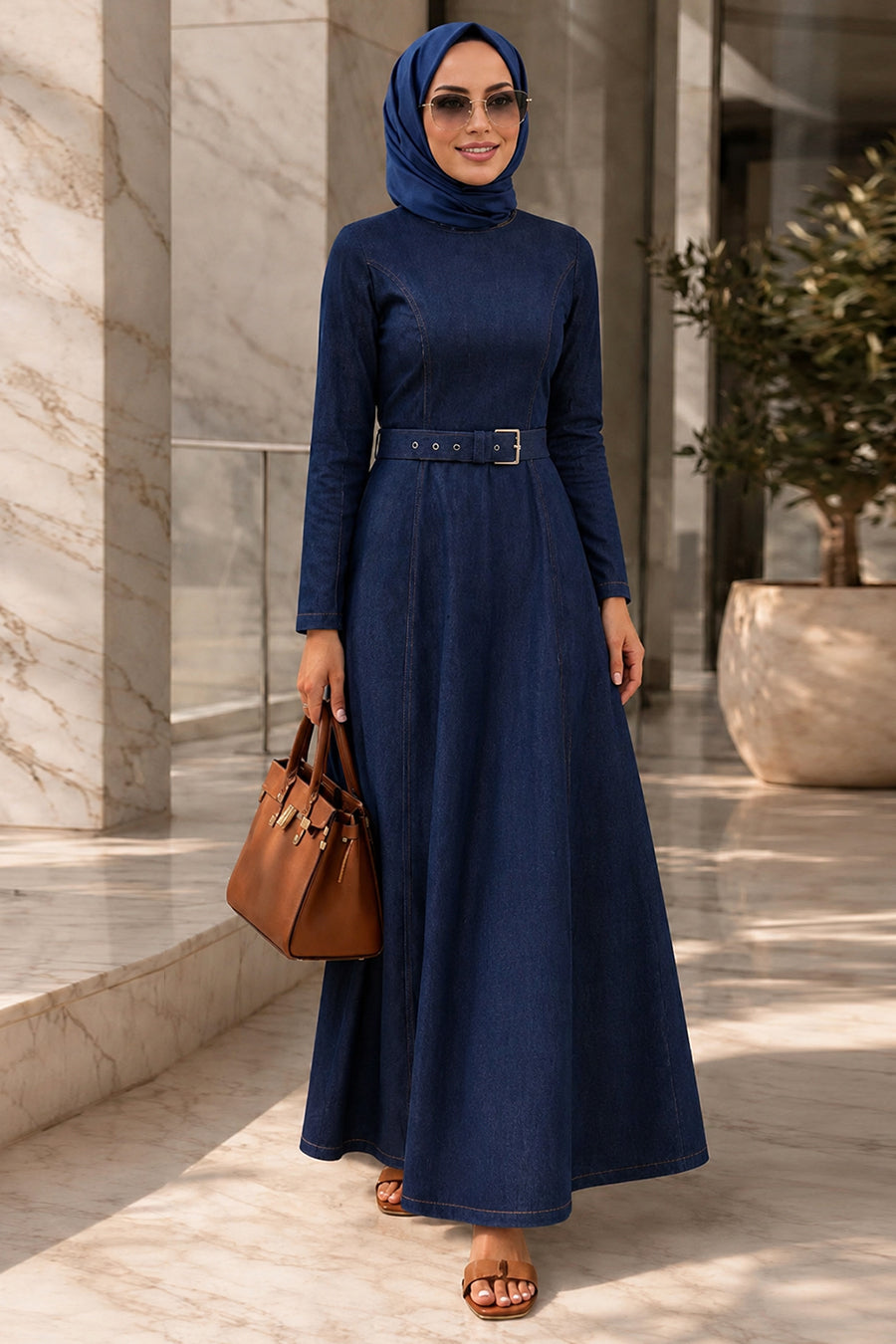 Wholesale Buckle-Belted Navy Modest Denim Dress 6283L
