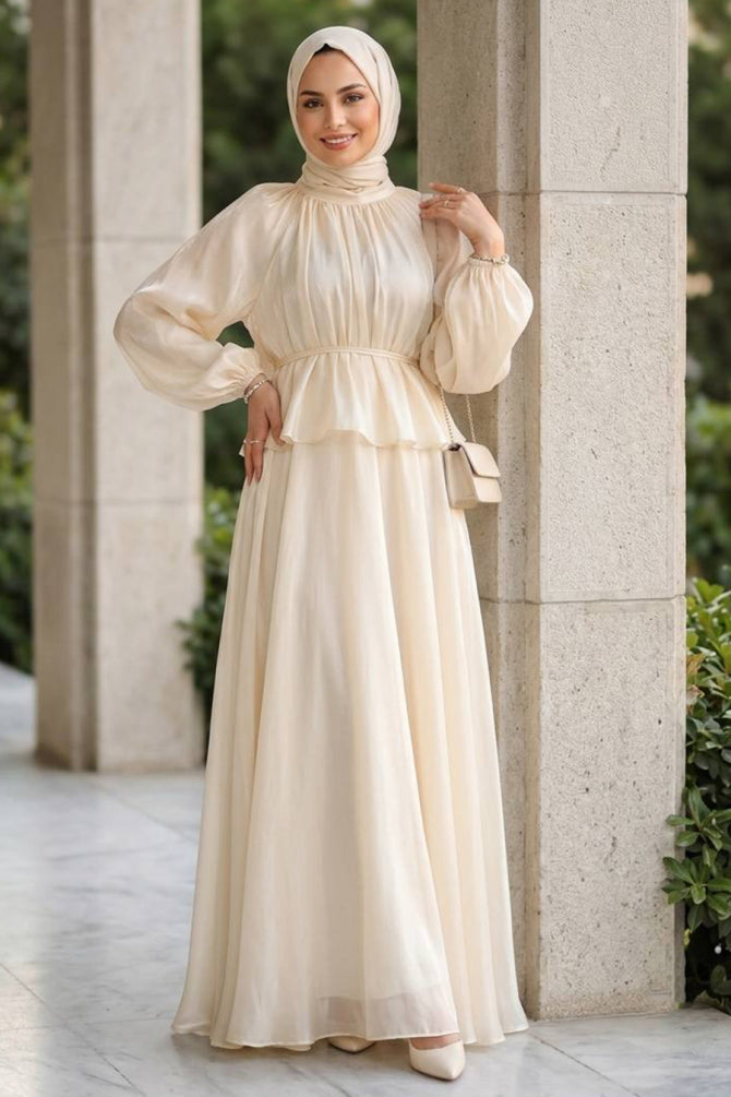 Modest two-piece peplum chiffon set in stone — modest evening wear