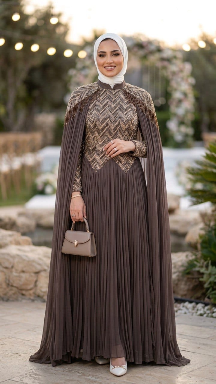 Stone-Embellished Chiffon Mink Modest Evening Dress 134KV