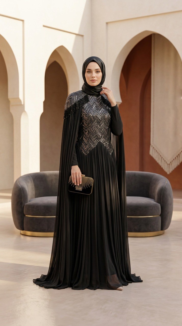 Stone-Embellished Chiffon Black Modest Evening Dress 134S