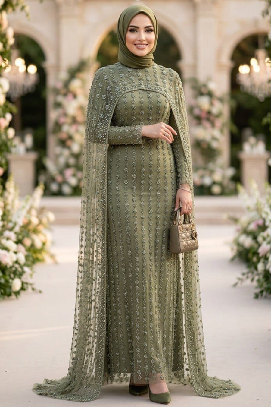Beaded Lace Khaki Modest Evening Dress 198HK