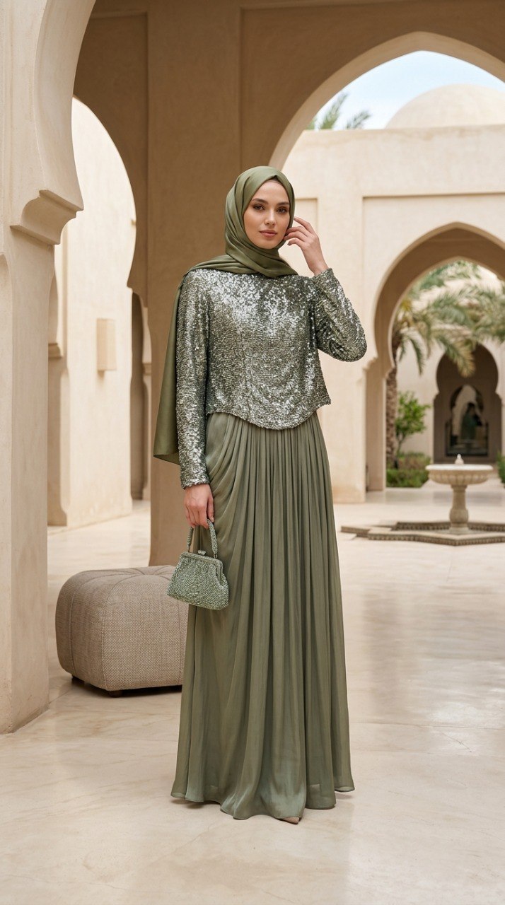 Sequin Top Chiffon Skirt Khaki Modest Evening Dress 203HK - Luxury Hijabi Evening Gown