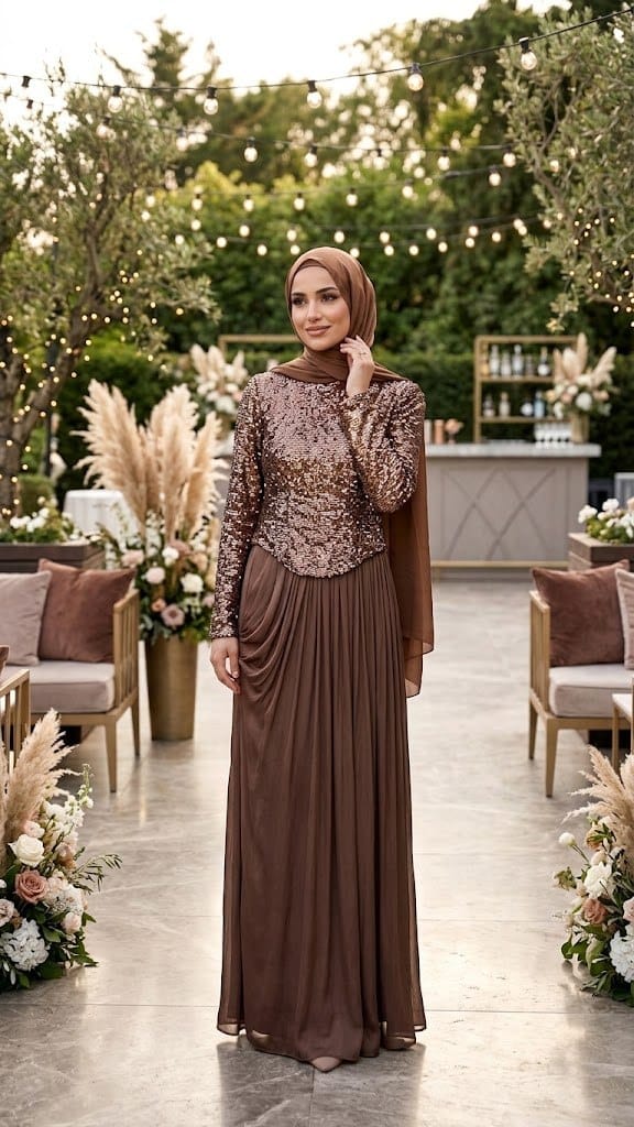 Sequin Top Chiffon Skirt Brown Modest Evening Dress 203KH - Luxury Hijabi Evening Gown