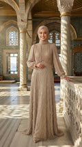 Chiffon & Beaded Lace Beige Modest Evening Dress 208BS - Luxury Hijabi Evening Gown