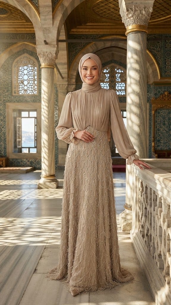Chiffon & Beaded Lace Beige Modest Evening Dress 208BS - Luxury Hijabi Evening Gown