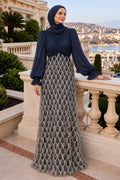 Chiffon & Beaded Lace Navy Modest Evening Dress 208L - Luxury Hijabi Evening Gown