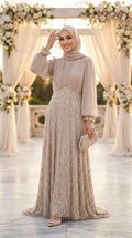 Chiffon & Beaded Lace Mink Modest Evening Dress 208V - Luxury Hijabi Evening Gown