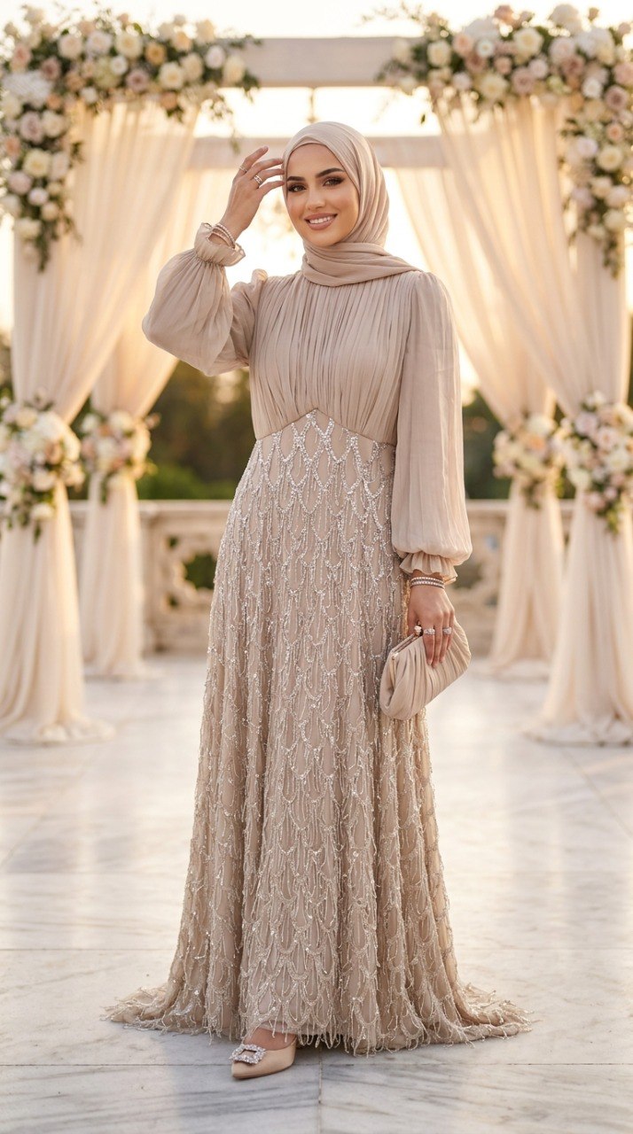 Chiffon & Beaded Lace Mink Modest Evening Dress 208V - Luxury Hijabi Evening Gown