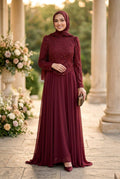 Beaded Lace Top Chiffon Skirt Burgundy Modest Evening Dress 235BR - Luxury Hijabi Evening Gown
