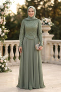 Beaded Lace Top Chiffon Skirt Sage Green Modest Evening Dress 235CY - Luxury Hijabi Evening Gown