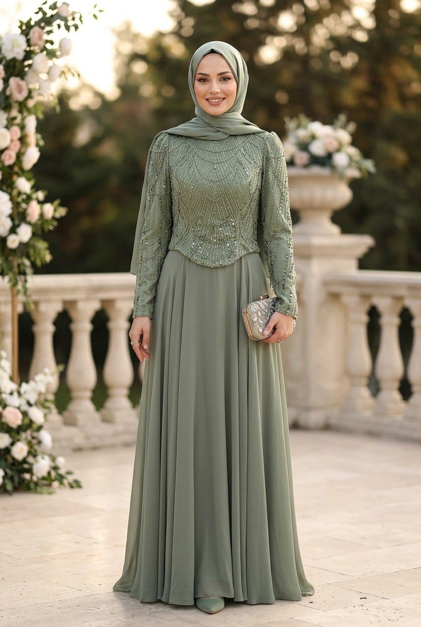Beaded Lace Top Chiffon Skirt Sage Green Modest Evening Dress 235CY - Luxury Hijabi Evening Gown
