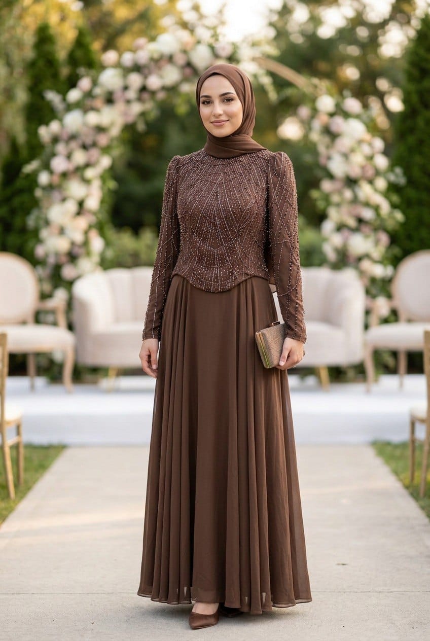 Beaded Lace Top Chiffon Skirt Brown Modest Evening Dress 235KH - Luxury Hijabi Evening Gown