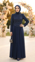 Beaded Lace Top Chiffon Skirt Navy Modest Evening Dress 235L - Luxury Hijabi Evening Gown