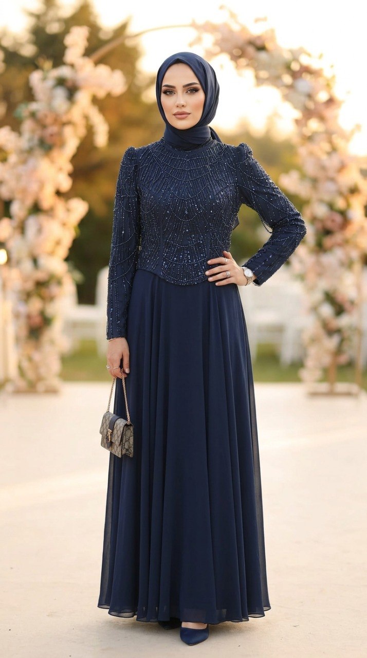 Beaded Lace Top Chiffon Skirt Navy Modest Evening Dress 235L - Luxury Hijabi Evening Gown
