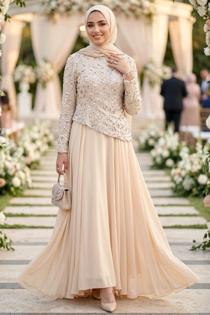 Beige bead-embroidered chiffon luxury modest evening dress 247BEJ wholesale Turkey