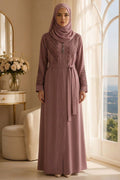 Dusty Rose Geometric-Embroidered Belted Modest Ferace Abaya 29137GK