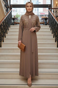 Light Brown Symmetric-Embroidered Belted Modest Ferace Abaya 29143AKH