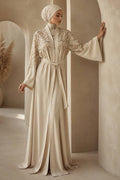 Beige Symmetric-Embroidered Belted Modest Ferace Abaya 29143BEJ