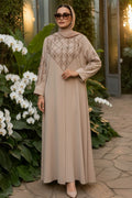 Beige V-Embroidered Belted Modest Ferace Abaya 29146BEJ