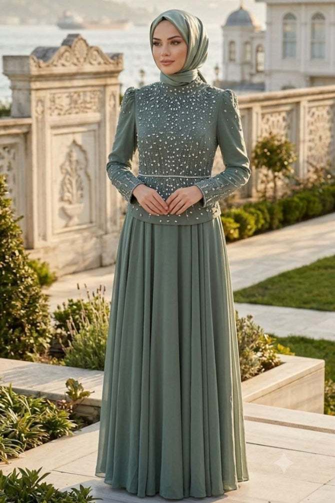 Sage green bead-embroidered crepe luxury modest plus-size evening dress 5683CY wholesale Turkey