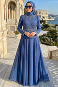 Navy blue bead-embroidered crepe modest plus-size evening dress 5683M wholesale Turkey