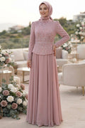 Powder pink bead-embroidered crepe luxury modest plus-size evening dress 5683PD wholesale Turkey