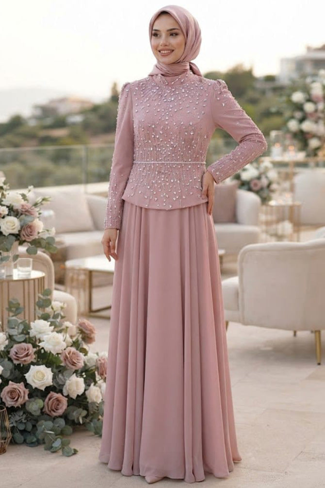 Powder pink bead-embroidered crepe luxury modest plus-size evening dress 5683PD wholesale Turkey