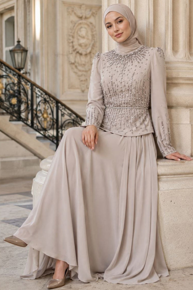 Beige bead-embroidered crepe modest plus-size evening dress 5683V wholesale Turkey
