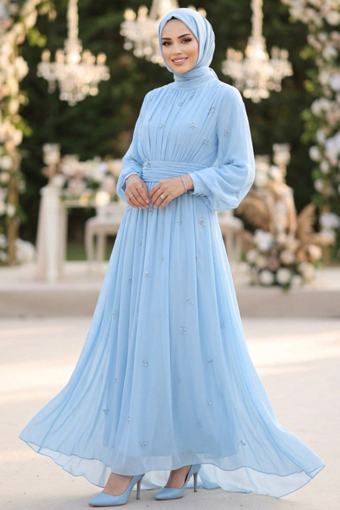 Baby blue bead-embroidered chiffon luxury modest evening dress 5711BM wholesale Turkey