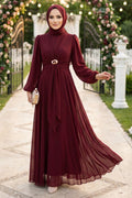 Brooch-Detailed Draped Burgundy Modest Evening Dress 6304BR