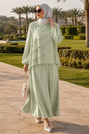 Asymmetric Tiered Ruffle Sage Green Tulle Modal Two-Piece Modest Set 5331CY