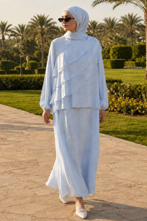Asymmetric Tiered Ruffle Blue Tulle Modal Two-Piece Modest Set 5331M