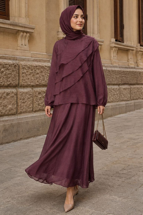 Asymmetric Tiered Ruffle Plum Tulle Modal Two-Piece Modest Set 5331MU