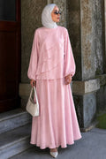Asymmetric Tiered Ruffle Powder Pink Tulle Modal Two-Piece Modest Set 5331PD