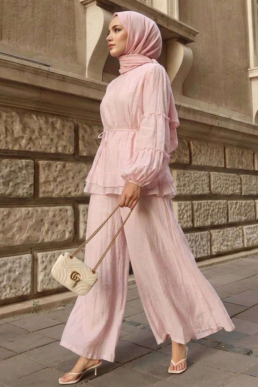 Balloon-Sleeve Pink Tulle Modal Two-Piece Modest Set 26158P