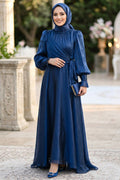 Draped Tie-Waist Navy Blue Modest Evening Dress 5668L