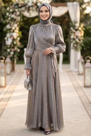 Draped Tie-Waist Mink Modest Evening Dress 5668V