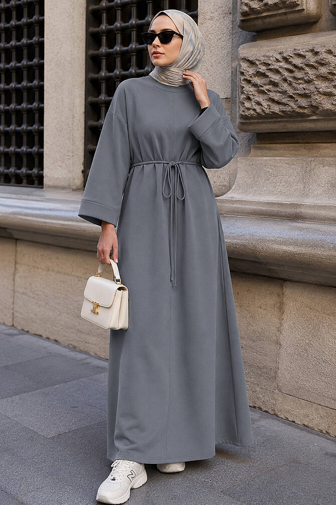 Gray crew-neck straight-cut modest dress 3138GR wholesale Turkey fall winter