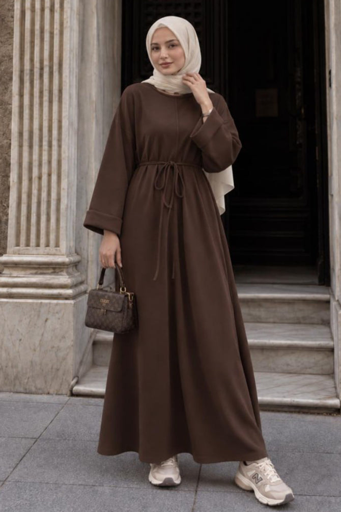 Dark brown crew-neck straight-cut modest dress 3138KKH wholesale Turkey fall winter