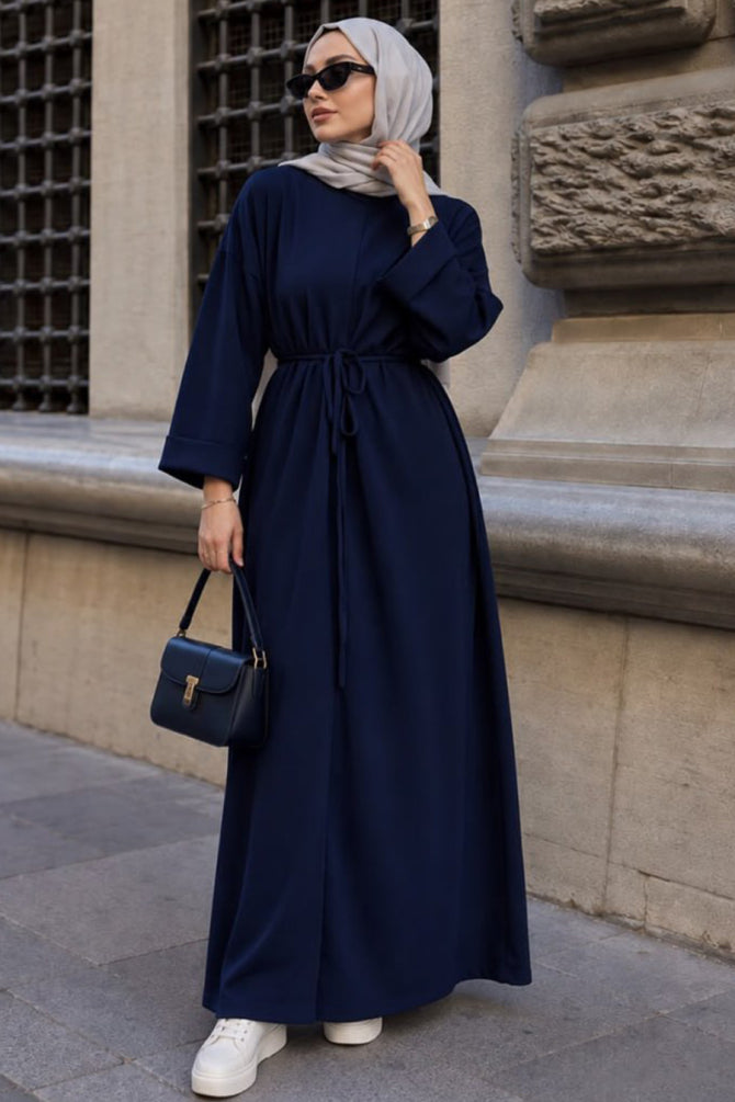 Navy blue crew-neck straight-cut modest dress 3138L wholesale Turkey fall winter