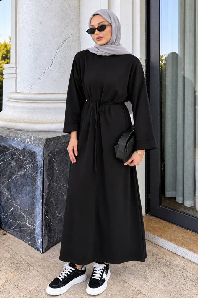 Black crew-neck straight-cut modest dress 3138S wholesale Turkey fall winter