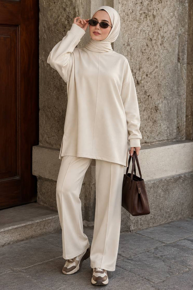 Beige crew-neck relaxed-fit modest trouser two-piece set 3133BEJ wholesale Turkey fall winter