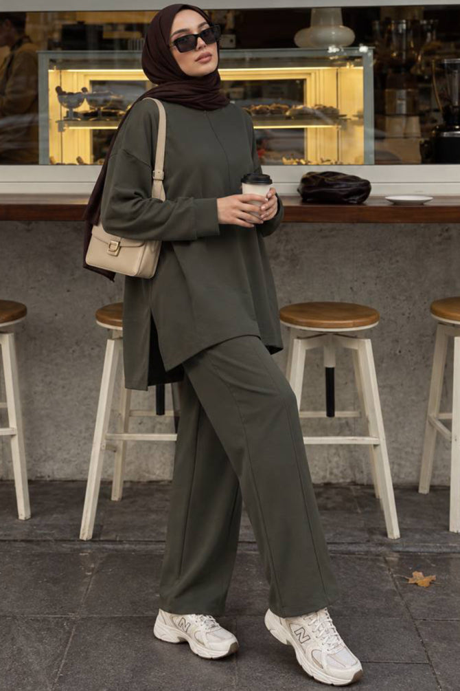 Khaki crew-neck relaxed-fit modest trouser two-piece set 3133HK wholesale Turkey fall winter