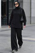 Black crew-neck relaxed-fit modest trouser two-piece set 3133S wholesale Turkey fall winter