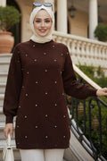 Beaded Diamond-Pattern Brown Modest Knit Sweater 10138KH