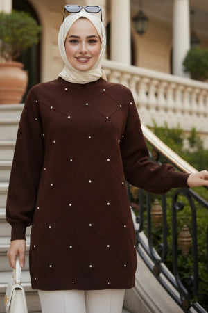 Beaded Diamond-Pattern Brown Modest Knit Sweater 10138KH
