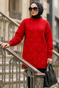 Beaded Diamond-Pattern Red Modest Knit Sweater 10138K