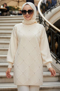Beaded Diamond-Pattern Cream Modest Knit Sweater 10138KR