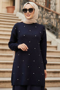 Beaded Diamond-Pattern Navy Modest Knit Sweater 10138L