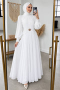 Brooch detail draped white modest evening dress 5747B — Turkish wholesale abiye chiffon